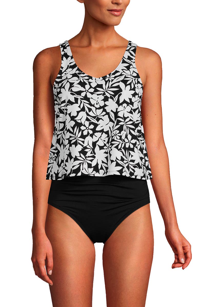Lands' End Long Torso Chlorine Resistant V-neck One Piece Fauxkini Swimsuit, Main, color, Black Havana Floral