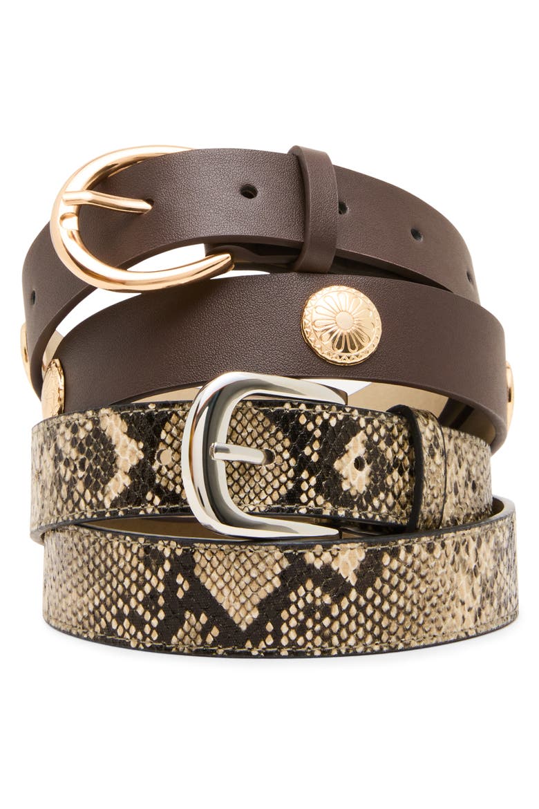 Set of 2 Faux Leather & Faux Snakeskin Belts, Alternate, color, DK BROWN/ TAUPE