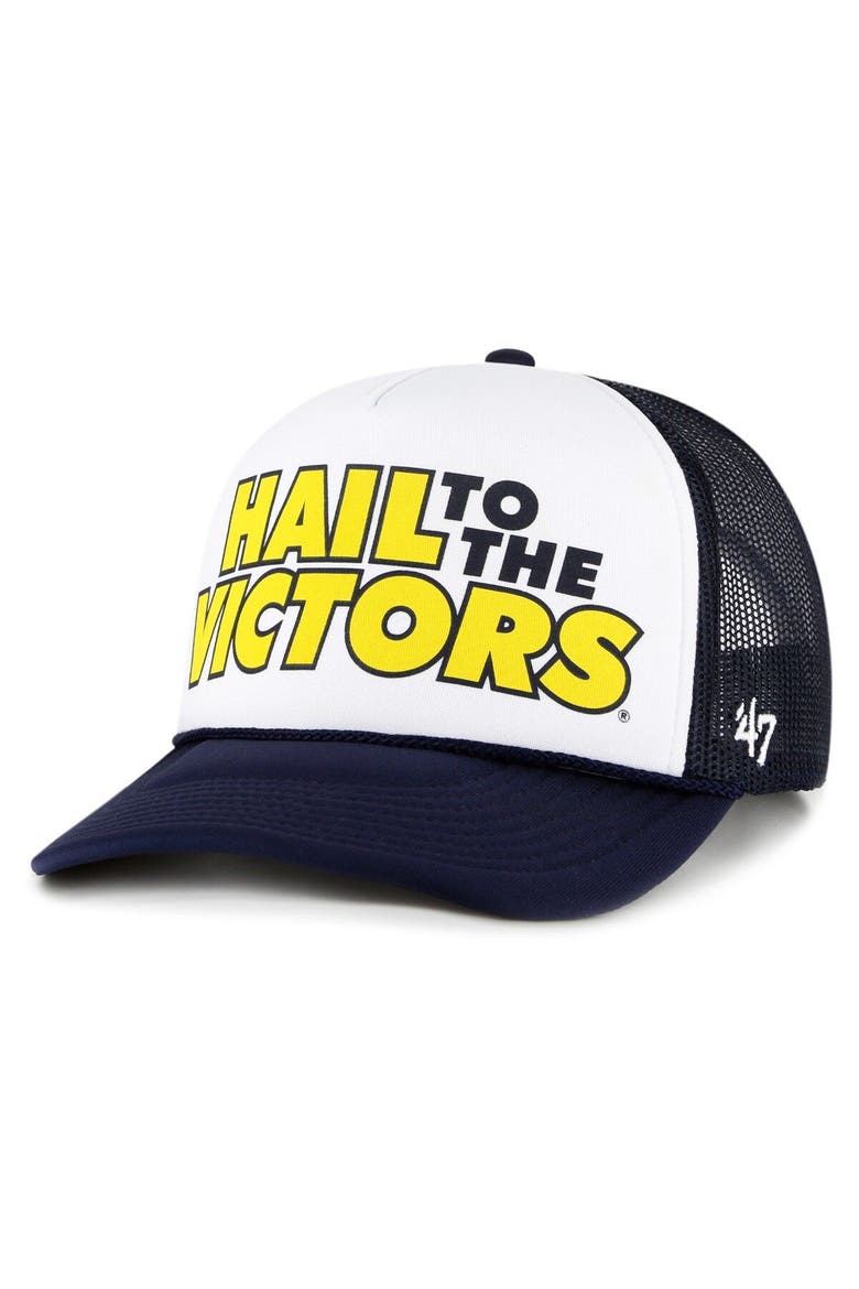 Men's '47 White/Navy Michigan Wolverines Article Foam Front Trucker Hat, Main, color, White