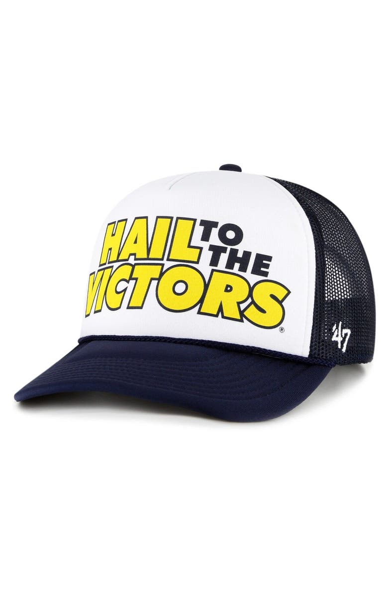 '47 Men's '47 White/Navy Michigan Wolverines Article Foam Front Trucker Hat, Main, color, White