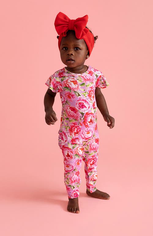 Posh Peanut Francoise Peony Print Ruffle Romper In Pink