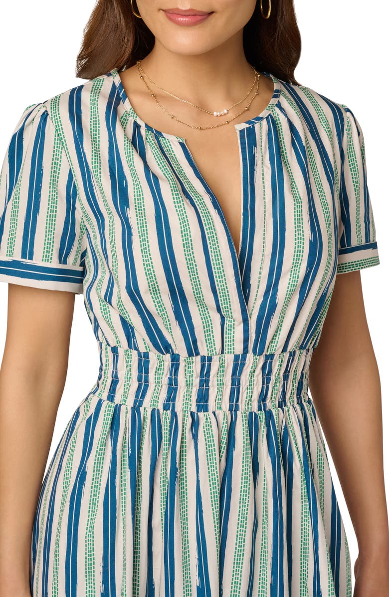 Adrianna Papell Stripe Smocked Waist Midi Dress, Alternate, color, Ecru/ Navy