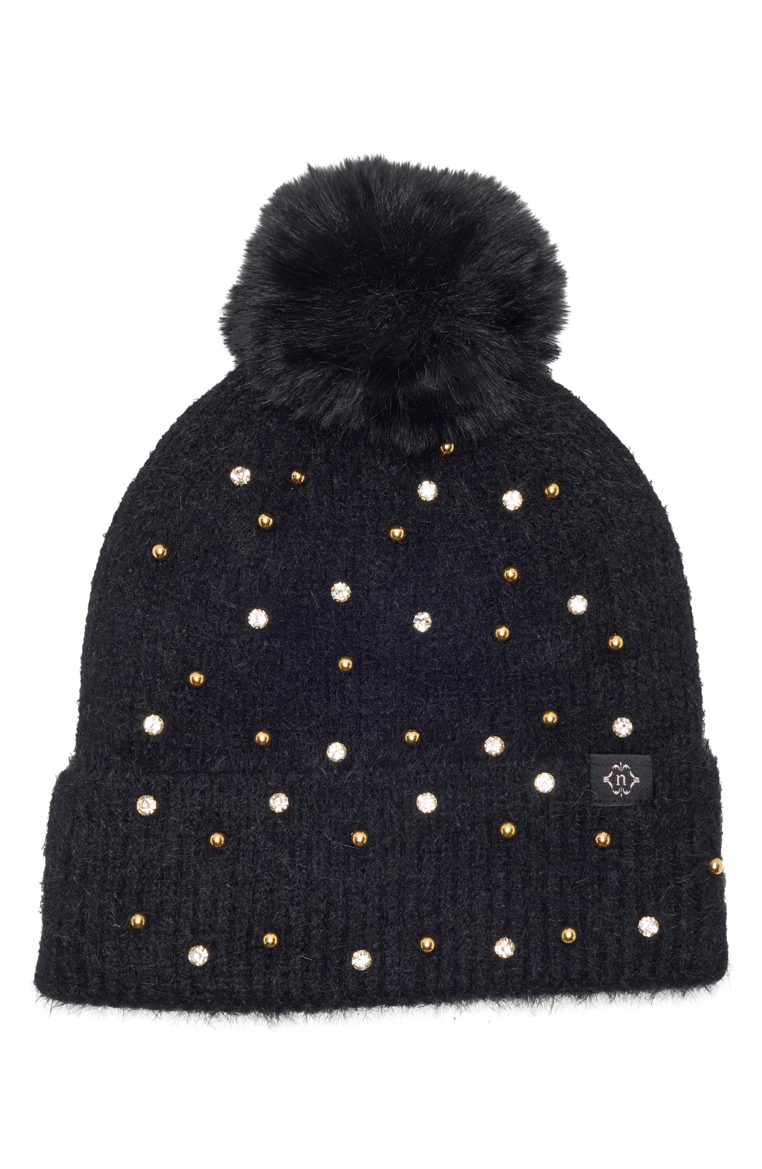 Studded Beanie with Faux Fur Pom