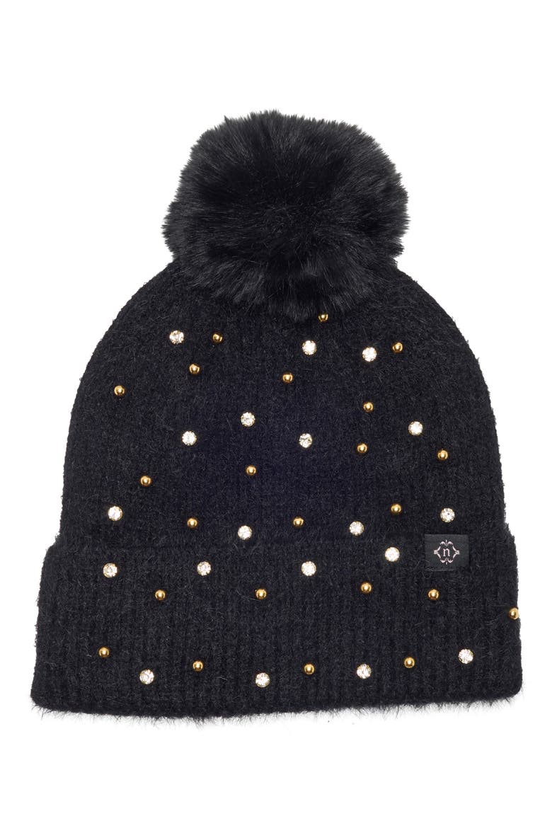Studded Beanie with Faux Fur Pom, Main, color, BLACK