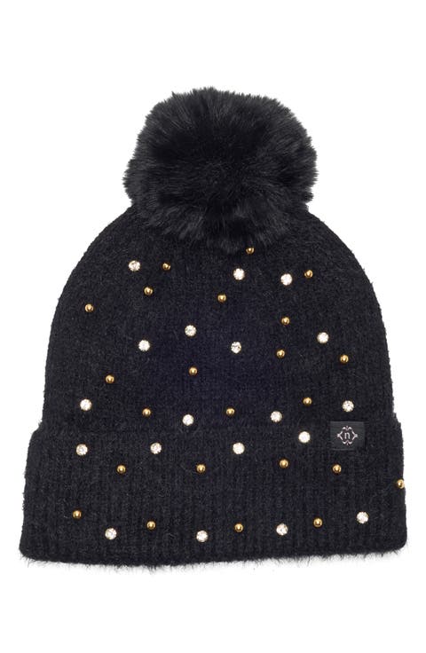 Studded Beanie with Faux Fur Pom