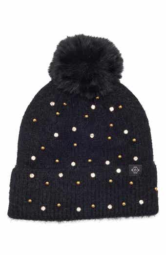 Studded Beanie with Faux Fur Pom
