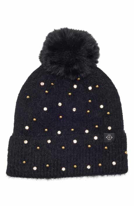 Studded Beanie with Faux Fur Pom