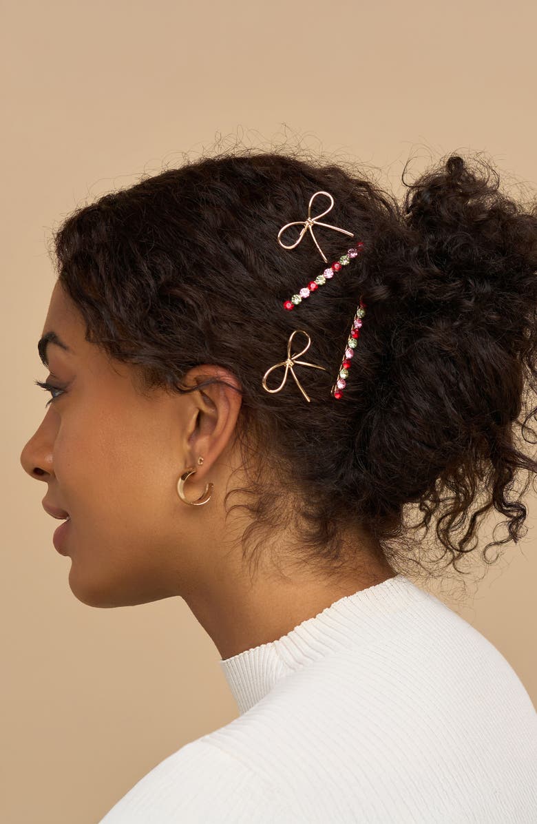Kitsch 4-Pack Rhinestone & Bow Bobby Pins, Alternate, color, Gold