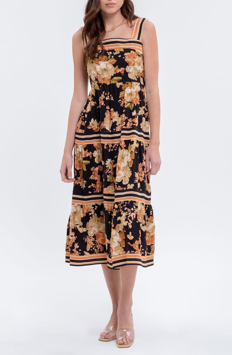 AUGUST SKY Sleeveless Tiered Midi Dress, Main, color, Black Multi