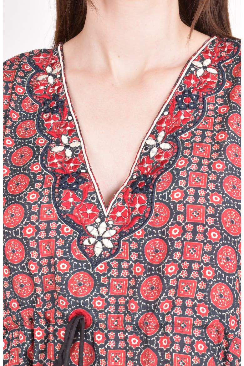Yana Embroidered Ajrakh Kaftan Top, Alternate, color, Maroon