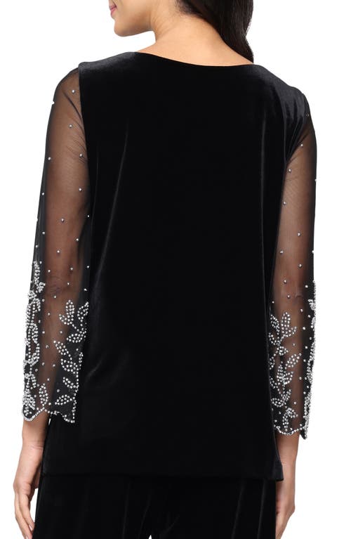 Alex Evenings Sheer Rhinestone Sleeve Velvet Blouse In Black