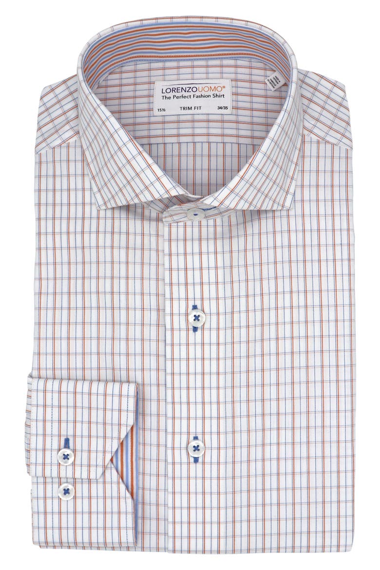 Trim Fit Plaid Cotton Oxford Cloth Dress Shirt, Main, color, WHITE/ ORANGE/ BLUE