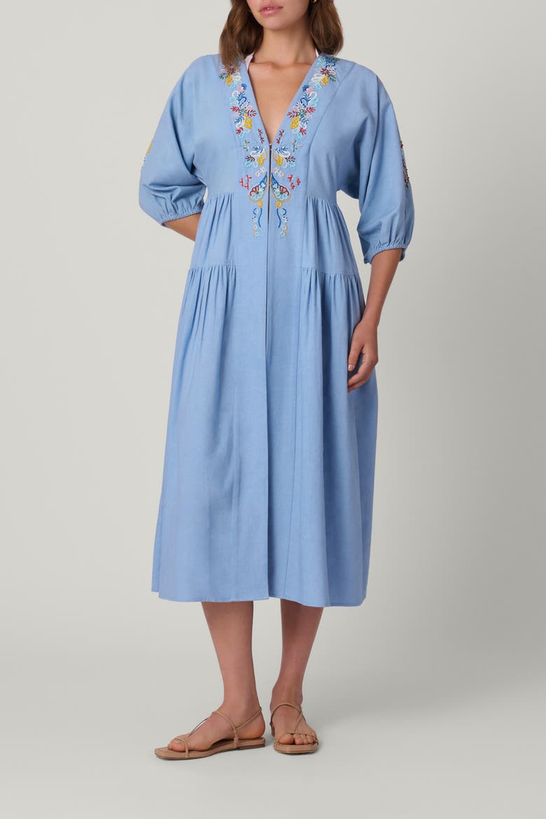Embroidered Linen Evora Midi Coverup, Main, color, Blue