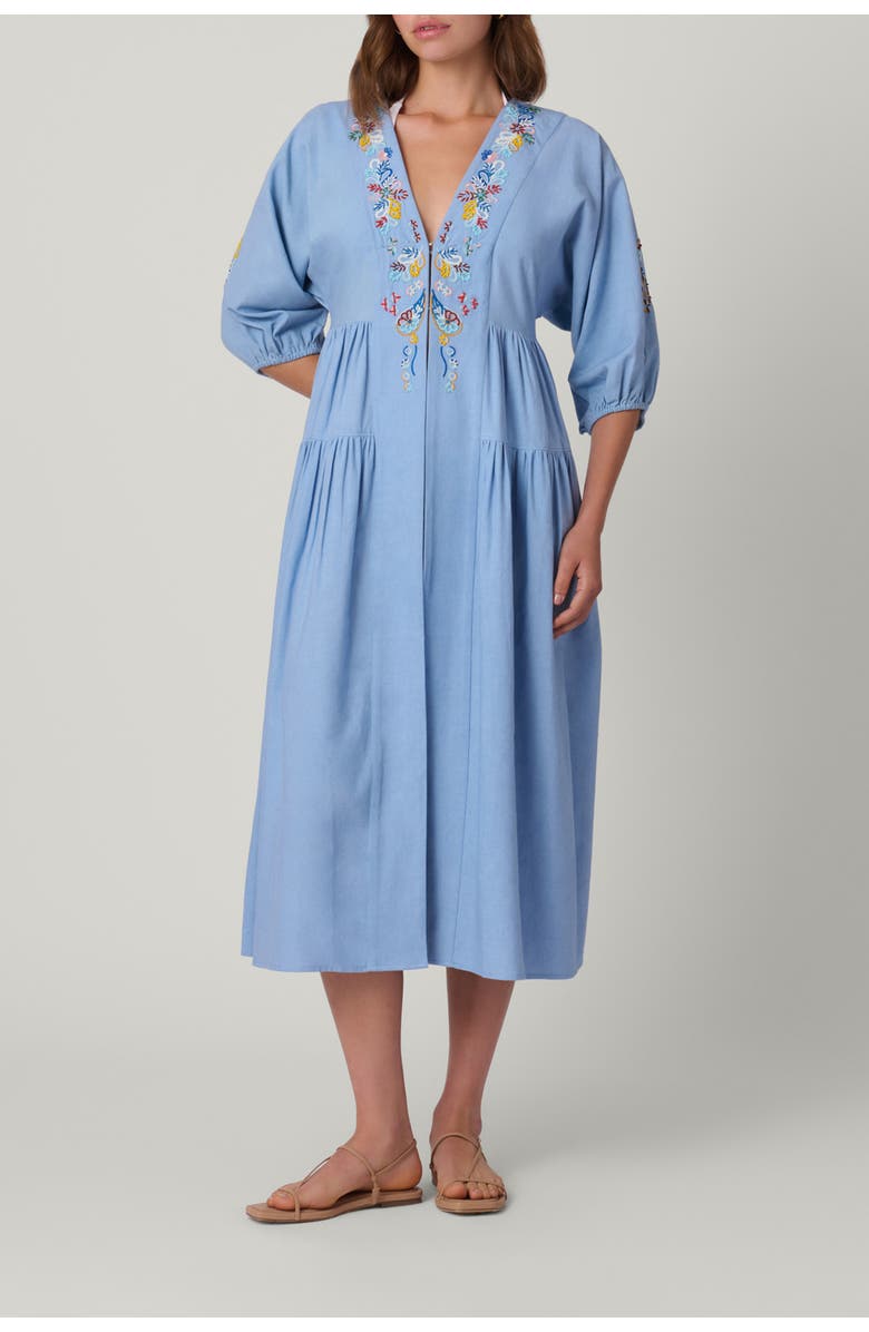 Shoshanna Embroidered Linen Evora Midi Coverup, Main, color, Blue