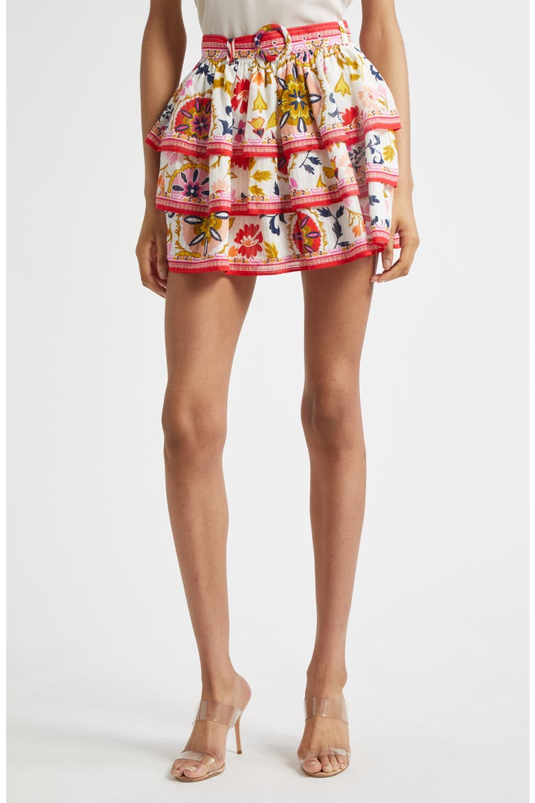 Marla Mixed Print Tiered Cotton Blend Miniskirt, Main, color, WHITE MAYA COMBO