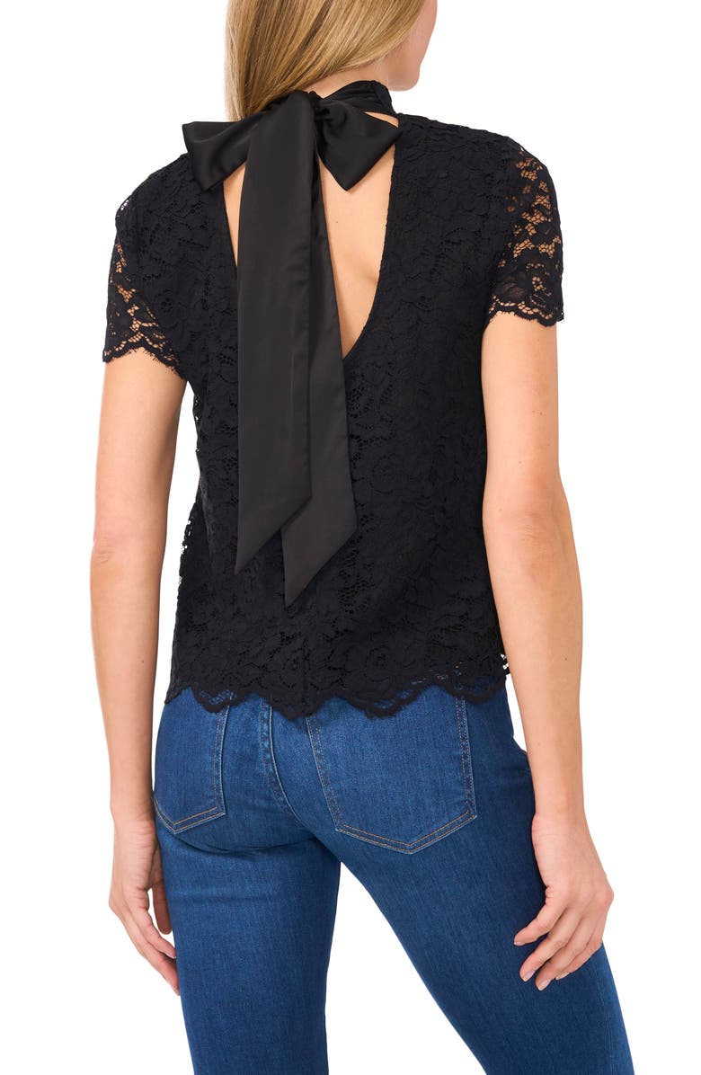 CeCe Bow Mock Neck Lace Top, Alternate, color, Rich Black