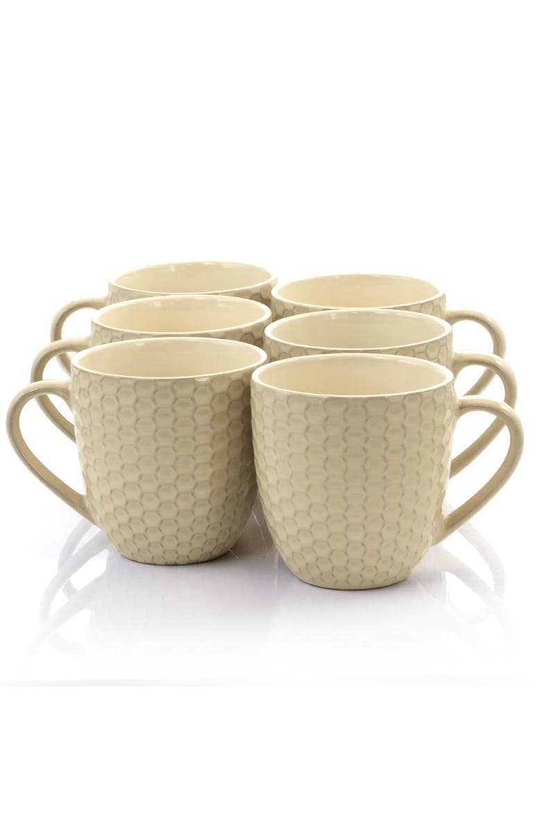 Elama Honeycomb 6 Piece 15 Ounce Round Stoneware Mug Set, Main, color, White