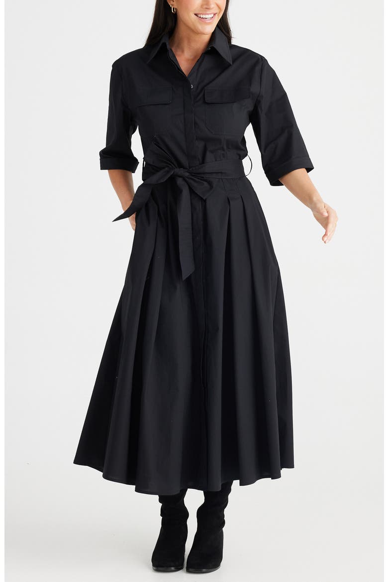Rossellini Pleated Cotton Shirtdress, Alternate, color, BLACK
