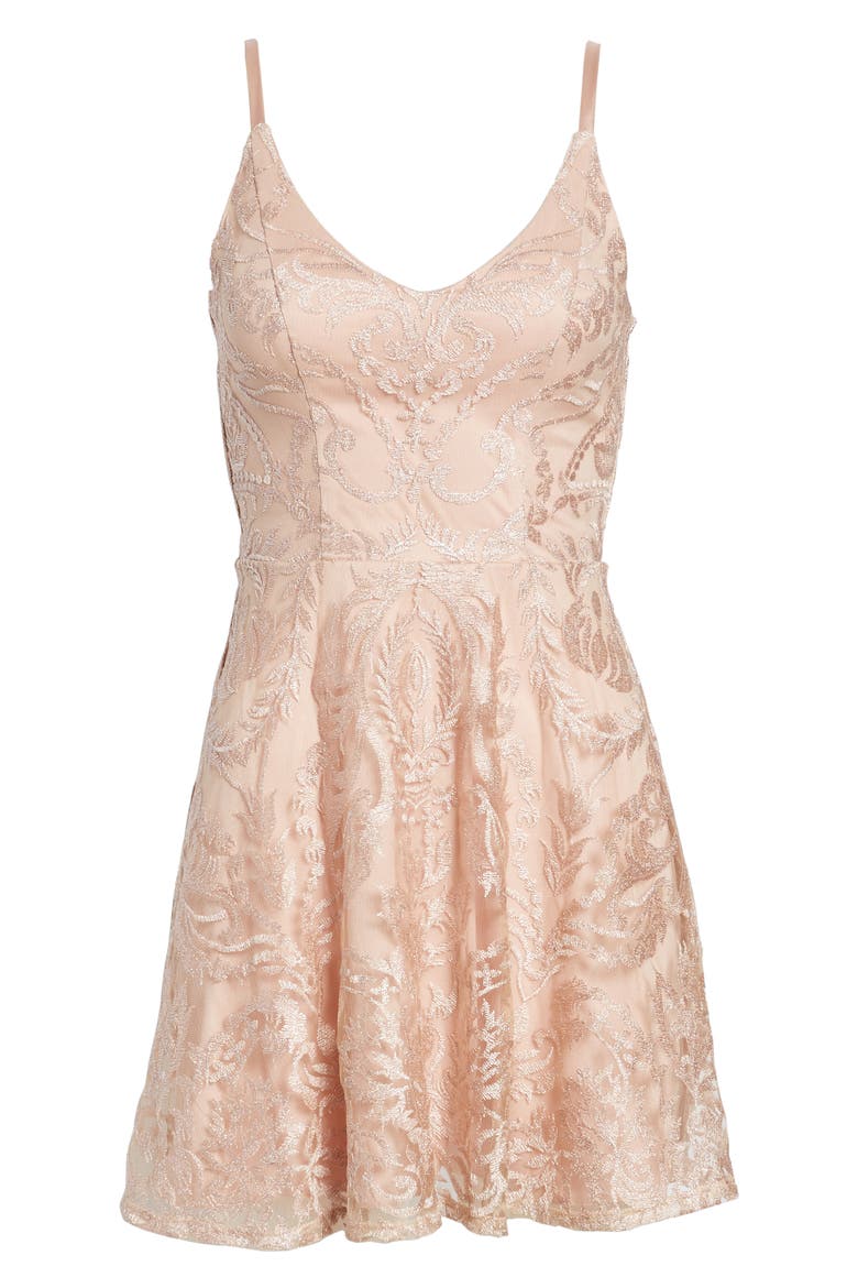 Embroidered Mesh Skater Dress, Alternate, color, NUDE/ BLUSH