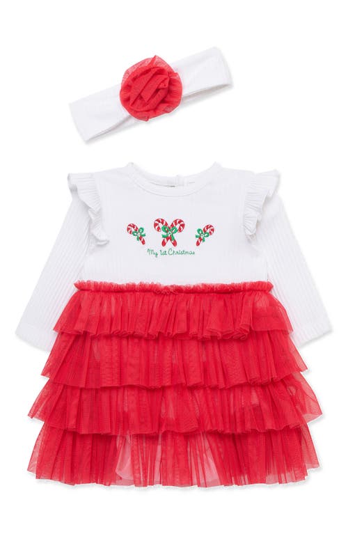 Little Me Candy Cane Tutu Dress & Headband Set In Red