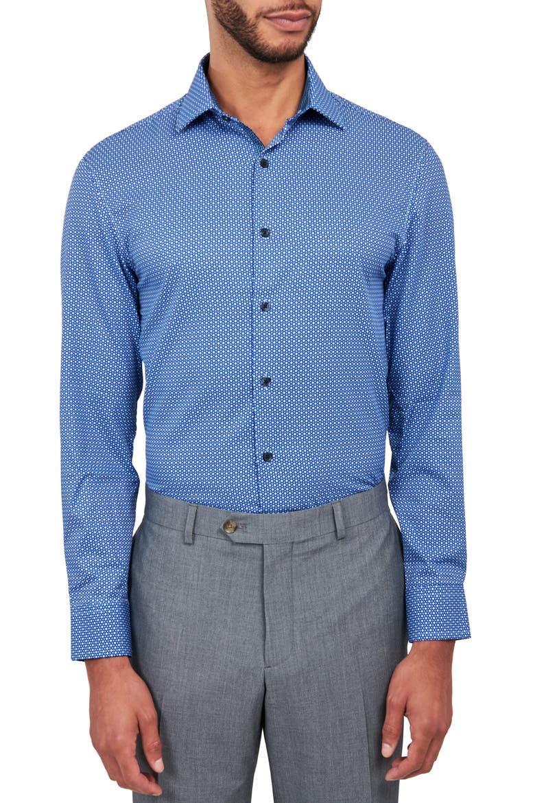 Dot Geo Print Stretch Performance Dress Shirt, Main, color, BLUE