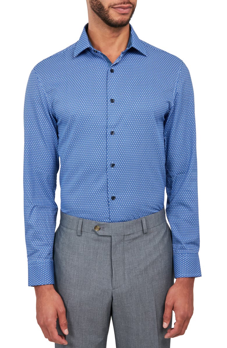 W.R.K Dot Geo Print Stretch Performance Dress Shirt, Main, color, Blue