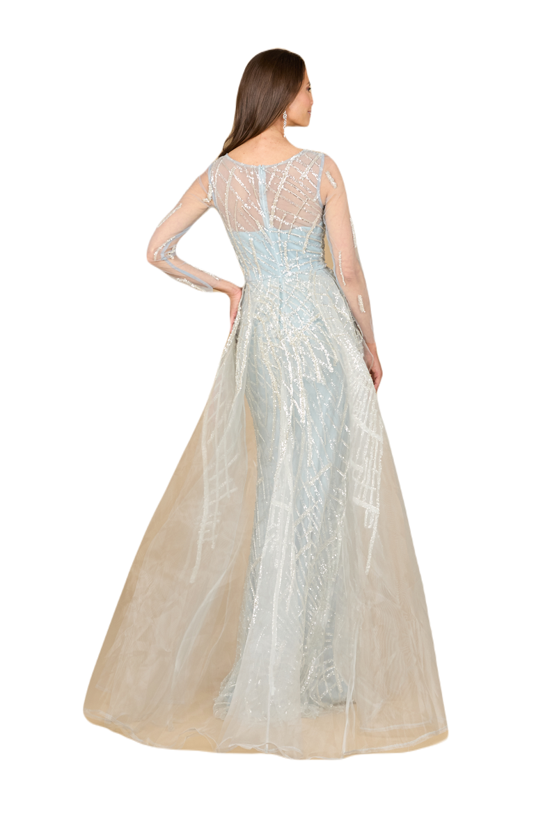 Long Sleeve Lace Gown with Tulle Overskirt, Alternate, color, Frost