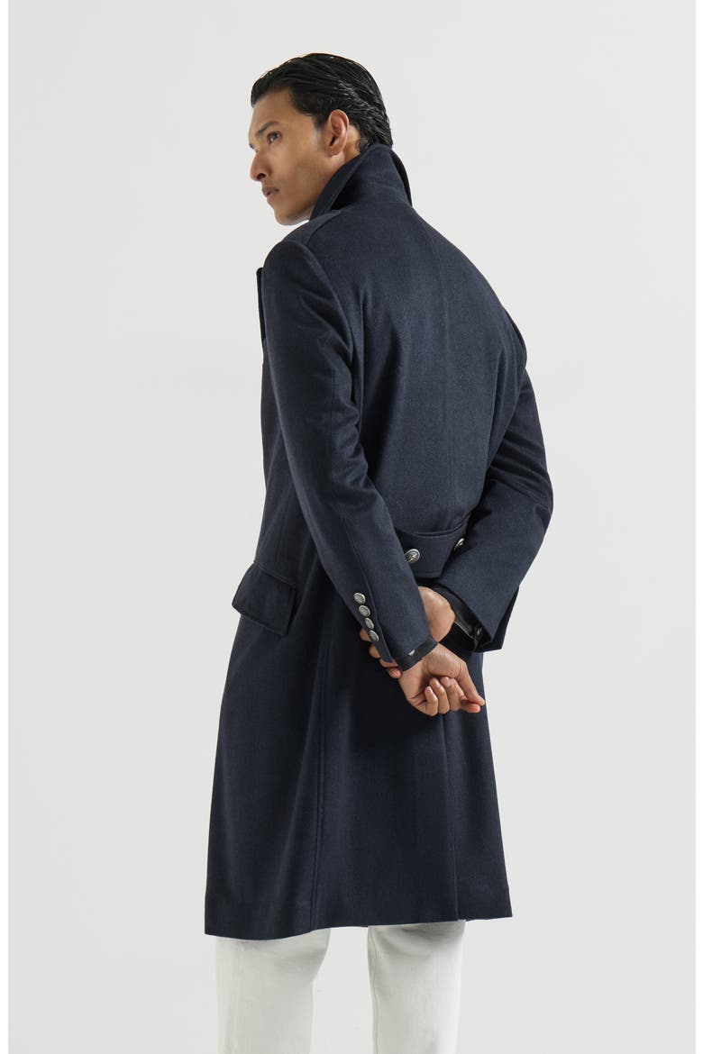 Cashmere chevron flannel one-and-a half breasted coat with peak lapels and metal buttons, Alternate, color, Navy Blue