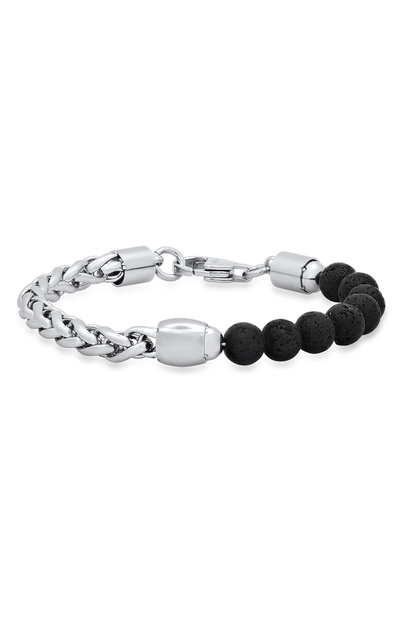 HMY JEWELRY Beaded Black Lava & Stainless Steel Curb Link Bracelet