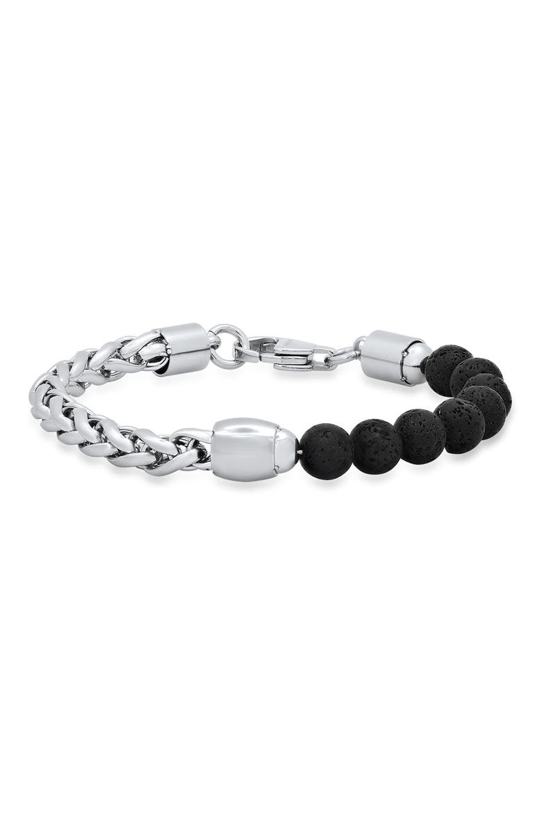 Beaded Black Lava & Stainless Steel Curb Link Bracelet, Main, color, METALLIC-BLACK