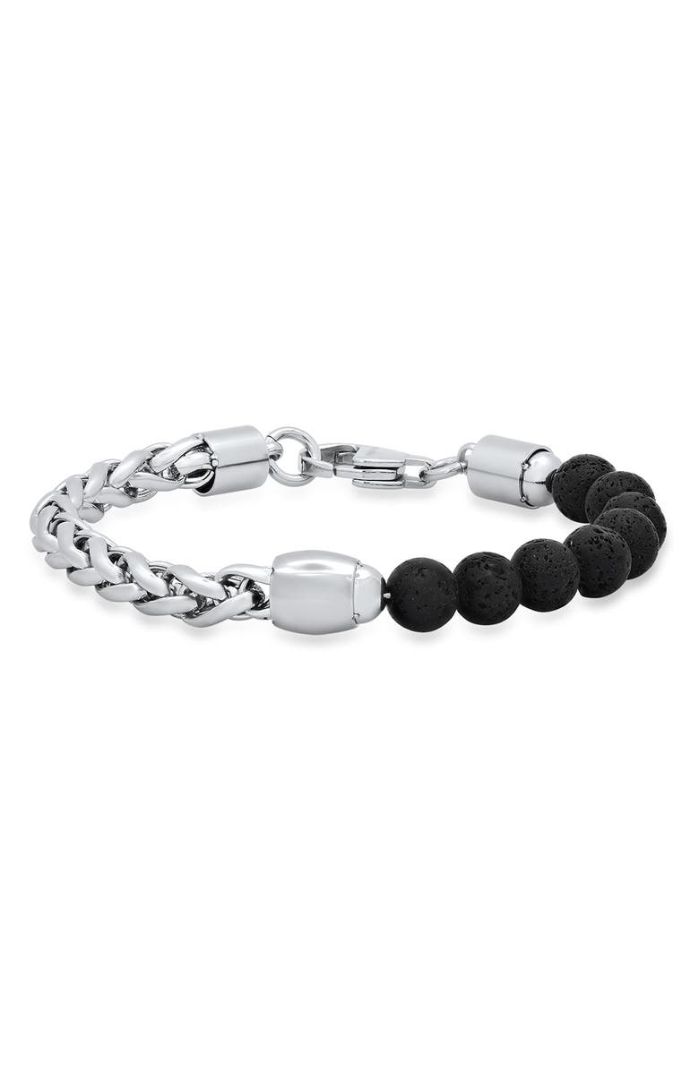 HMY JEWELRY Beaded Black Lava & Stainless Steel Curb Link Bracelet, Main, color,