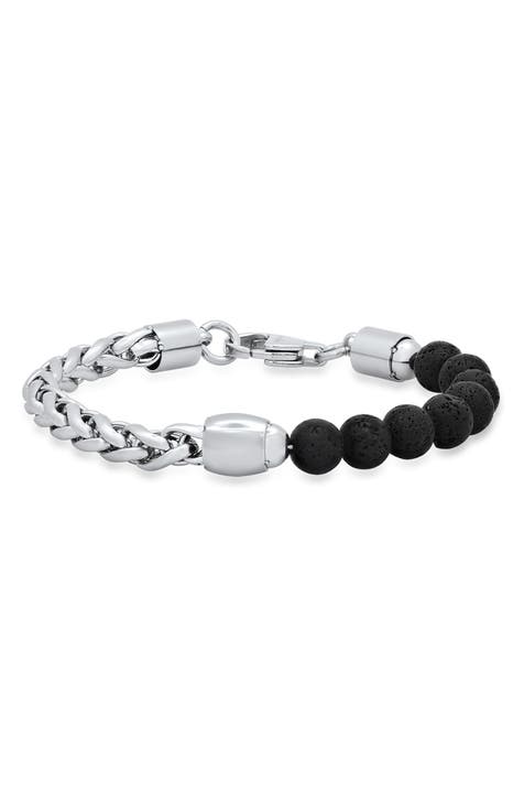 Beaded Black Lava & Stainless Steel Curb Link Bracelet