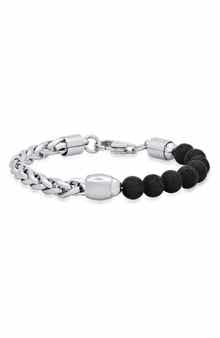HMY JEWELRY Beaded Black Lava & Stainless Steel Curb Link Bracelet
