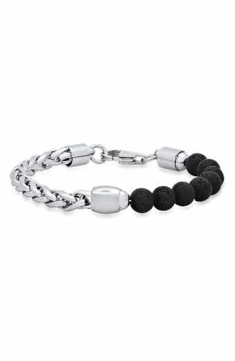 HMY JEWELRY Beaded Black Lava & Stainless Steel Curb Link Bracelet
