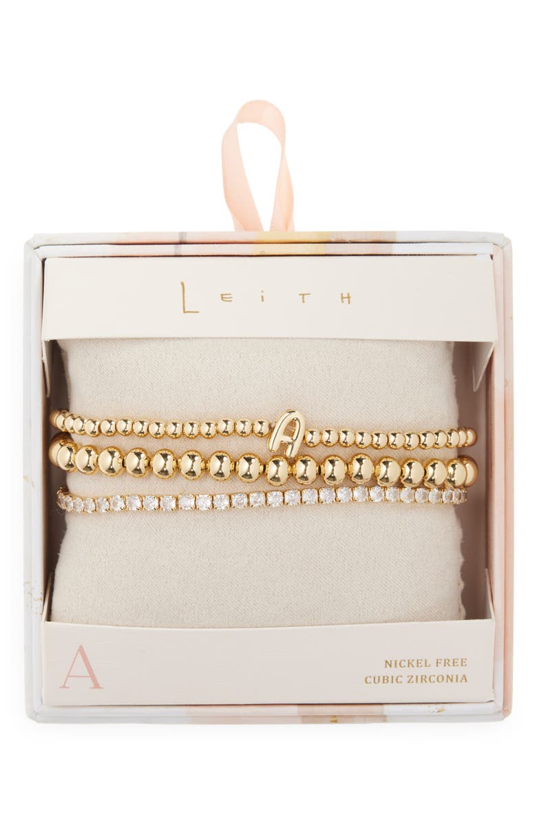 Leith 3-Pack Initial Bead Bracelet, Main, color, A- Clear- Gold