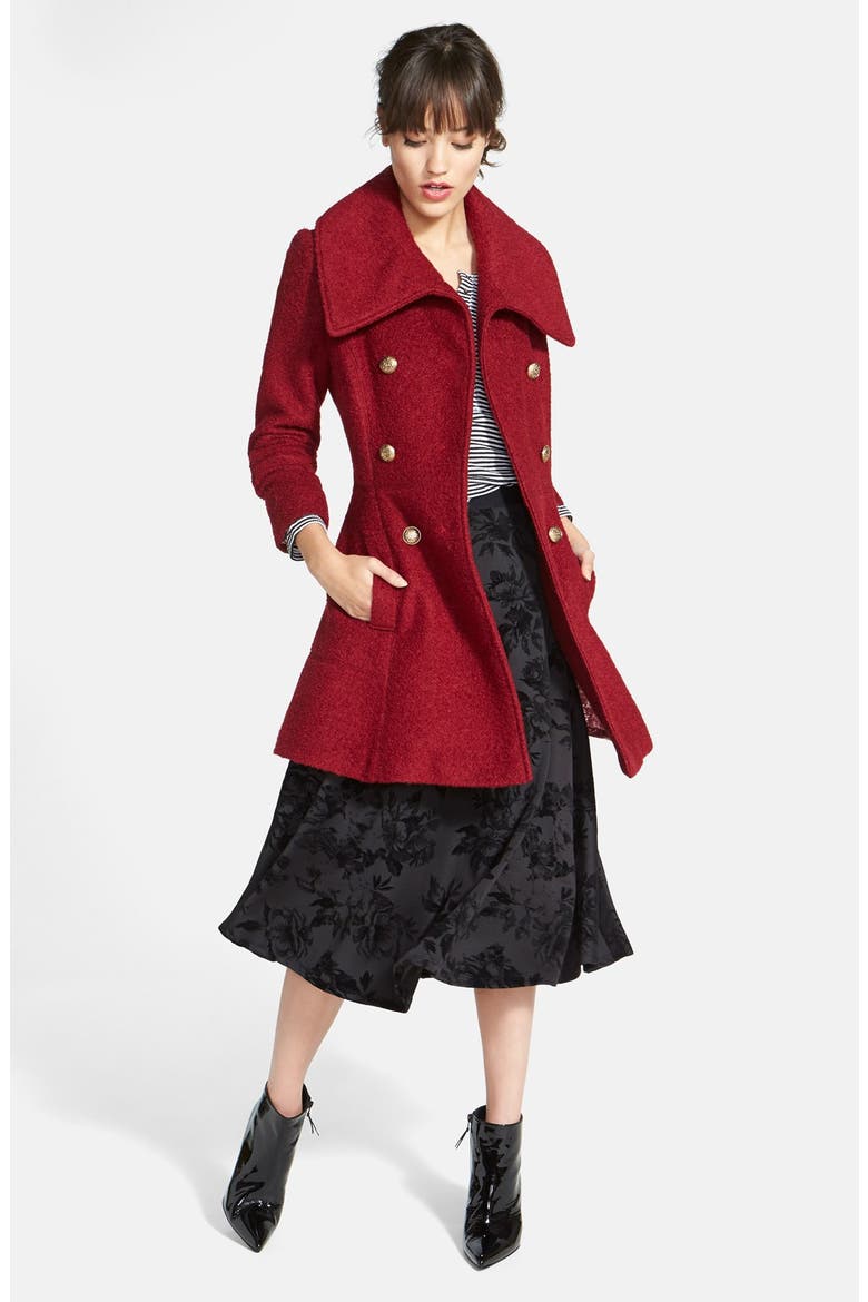 Double Breasted Bouclé Coat, Alternate, color, BURGUNDY