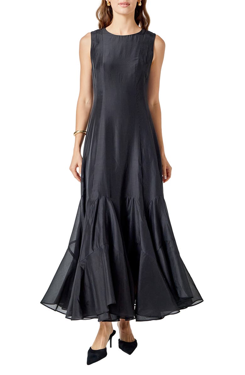 Endless Rose Godet Detail Maxi Dress, Main, color, Black