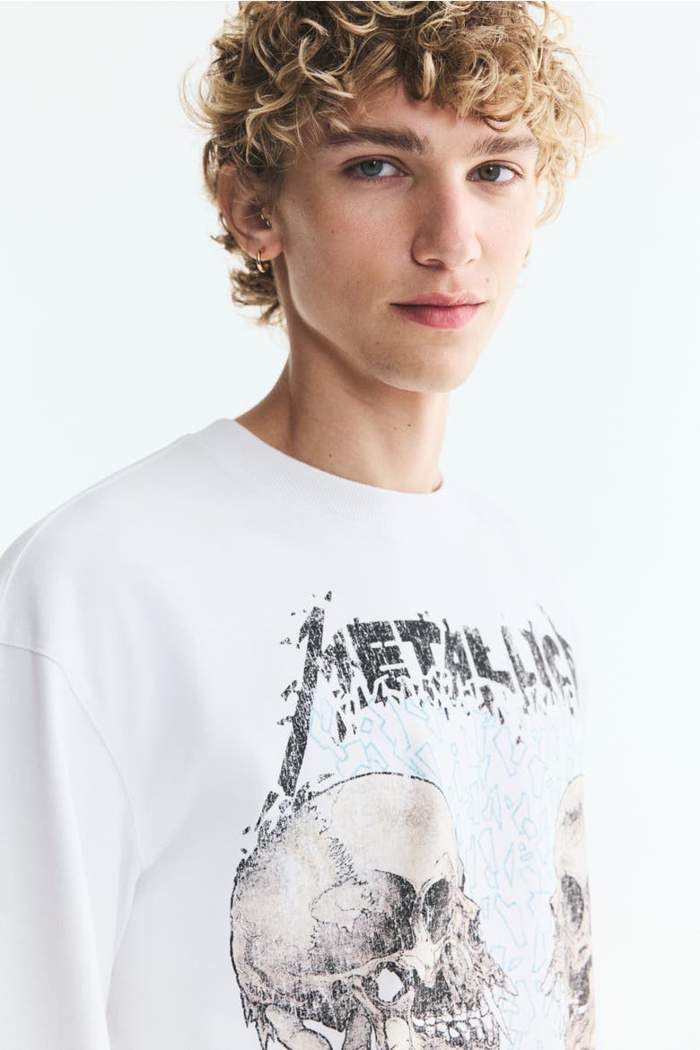 Relaxed-fit Long-sleeved Printed Cotton T-shirt, Alternate, color, White/Metallica