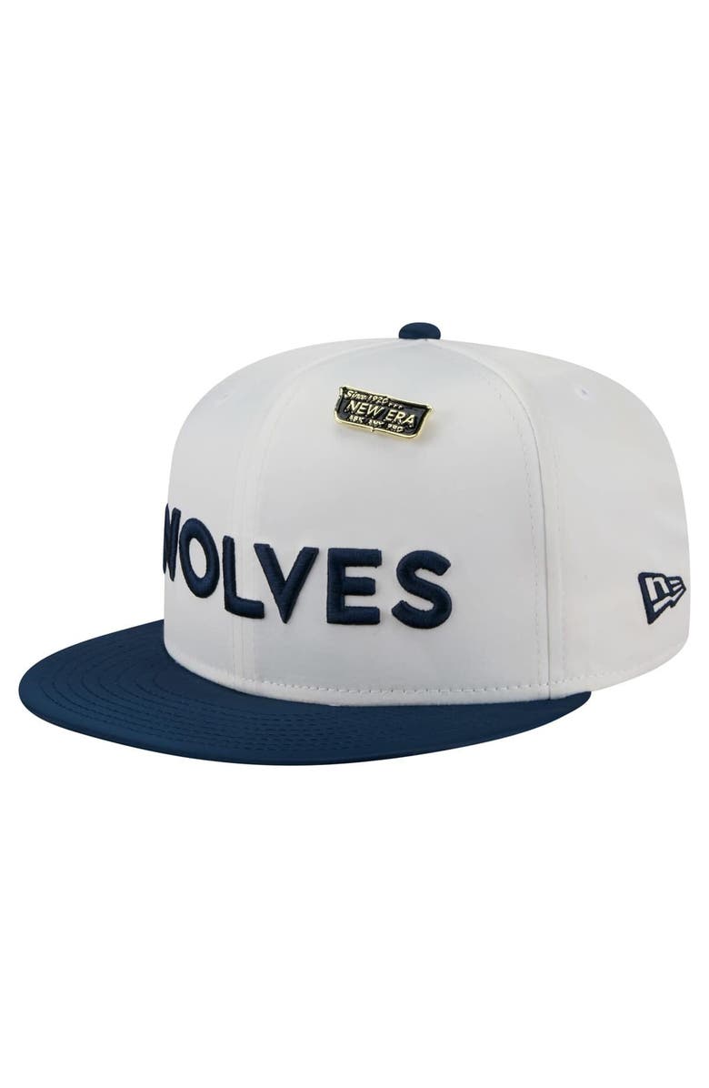 New Era Men's New Era  White/Navy Minnesota Timberwolves Throwback Satin Vintage Pin Two-Tone 59FIFTY Fitted Hat, Alternate, color, 