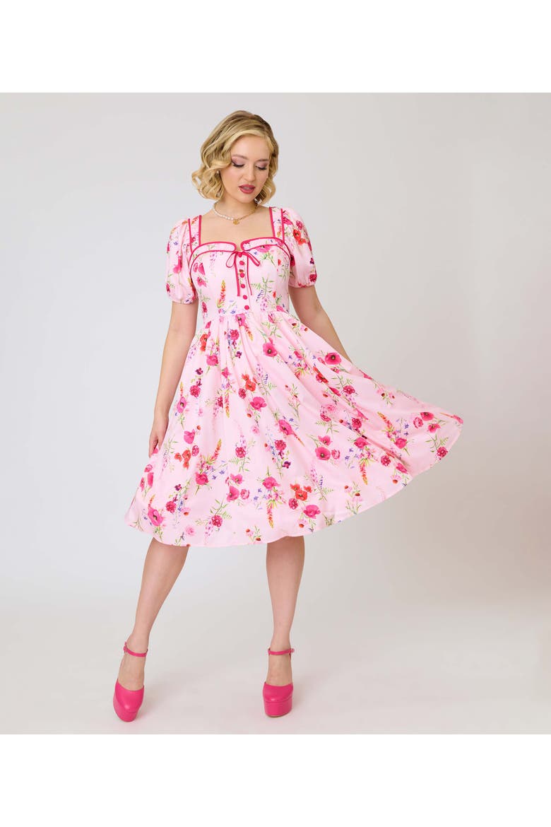 1940s Sweetheart Button Front Swing Dress, Main, color, Pink Floral Print