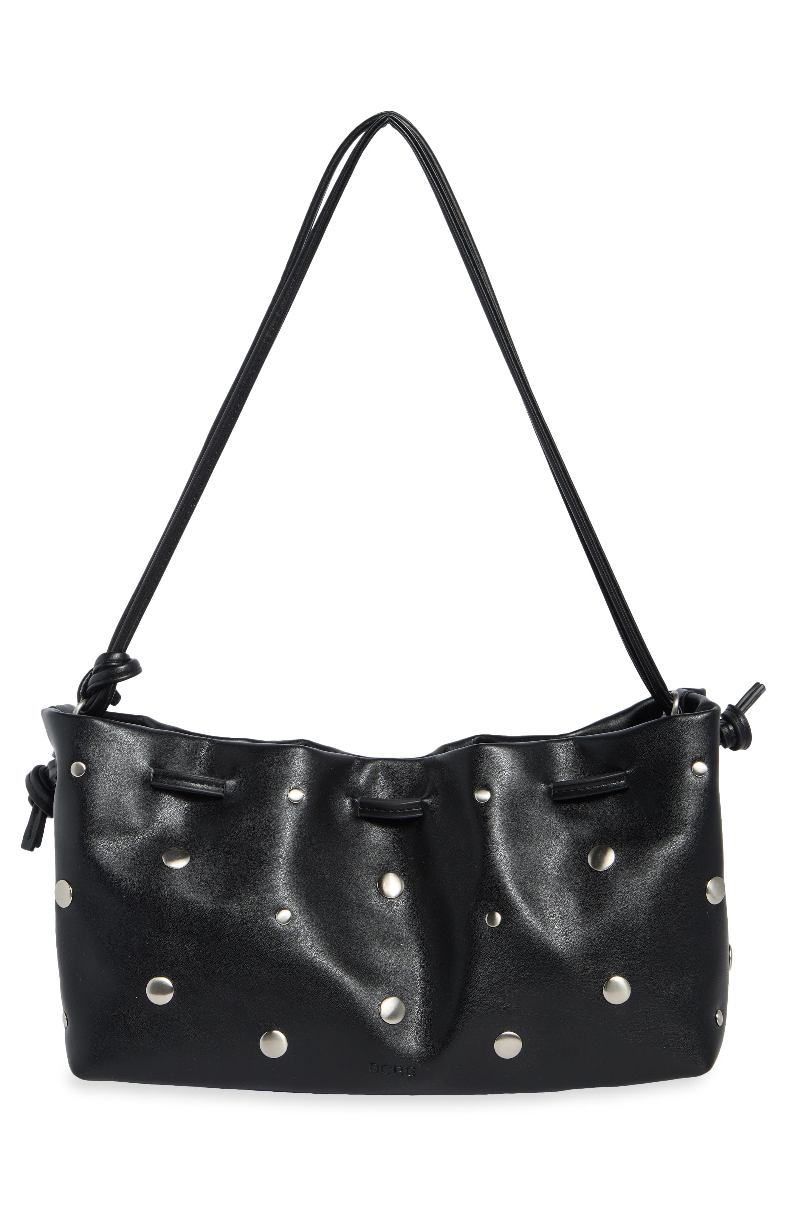 Studded Drawstring Faux Leather Shoulder Bag, Alternate, color, BLACK