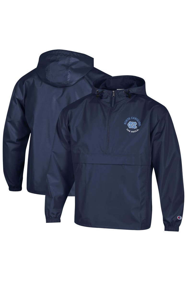 Men's Champion  Navy North Carolina Tar Heels Packable Hooded Windbreaker Half-Zip Jacket, Main, color, Navy