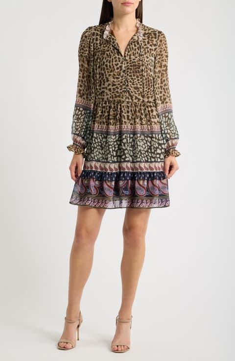 Mixed Print Long Sleeve Tiered Dress
