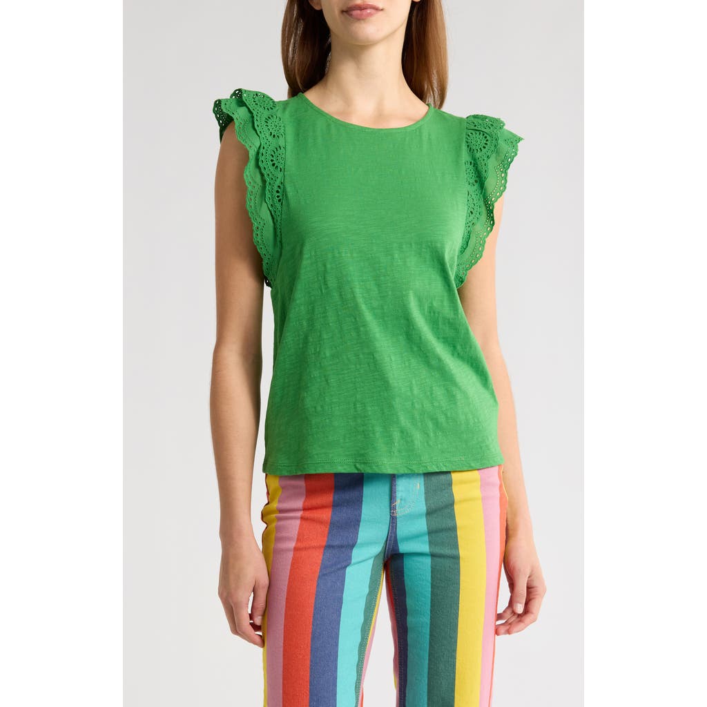 Shop Boden Eyelet Embroidered Flutter Sleeve Cotton Top In Green