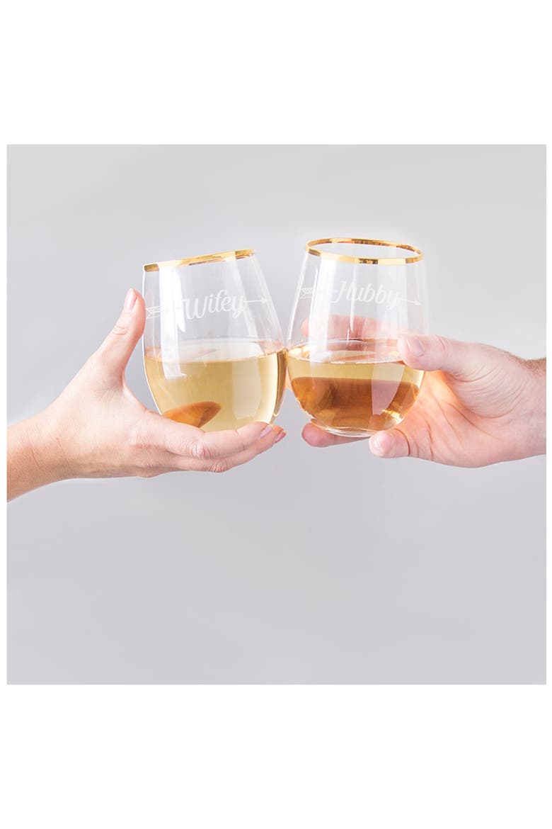 Hubby/Wifey Set of 2 Gold Rimmed Stemless Wine Glasses, Alternate, color, GOLD