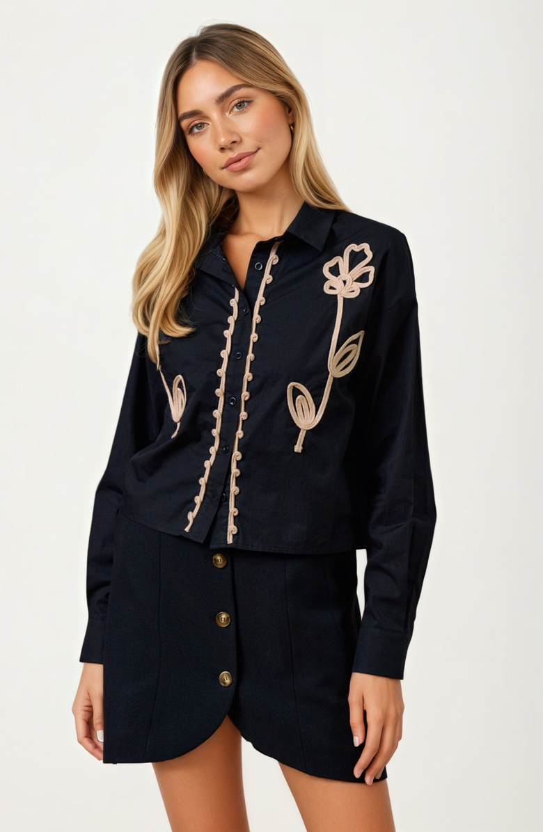 Knit and Lounge Embroidered Long Sleeve Button Front Blouse, Main, color,