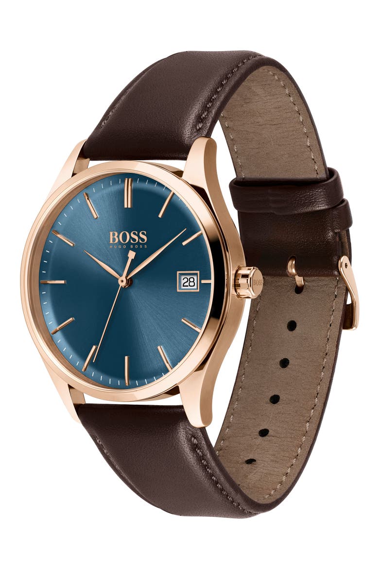 Commissioner Leather Strap Watch, 42mm, Alternate, color, BLUE