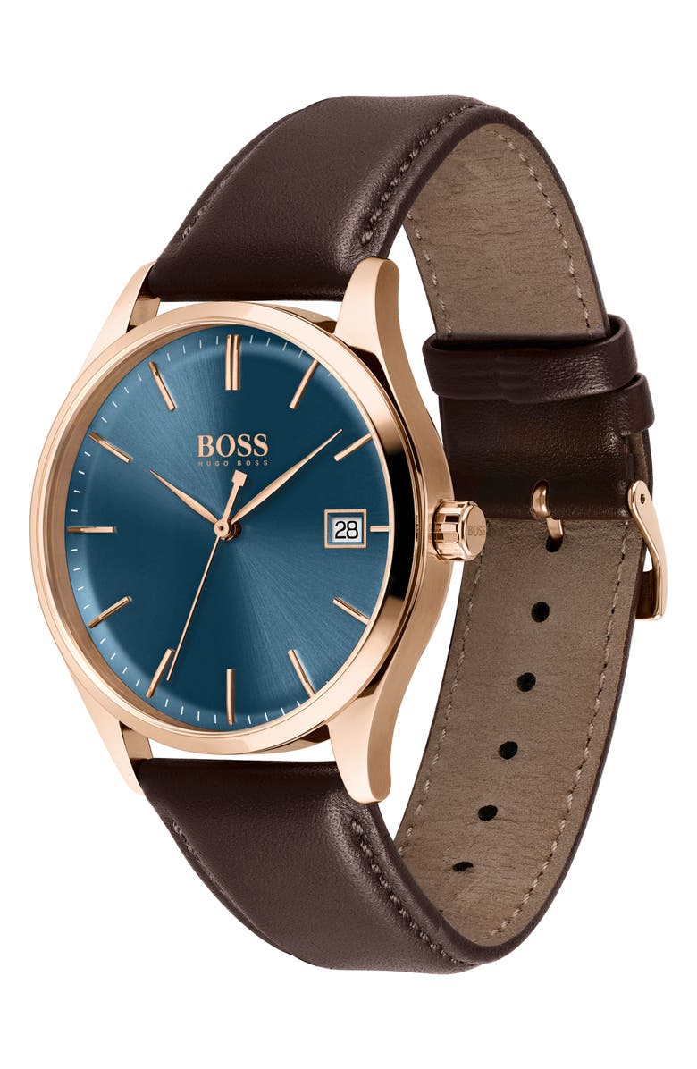 BOSS Commissioner Leather Strap Watch, 42mm, Alternate, color, 
