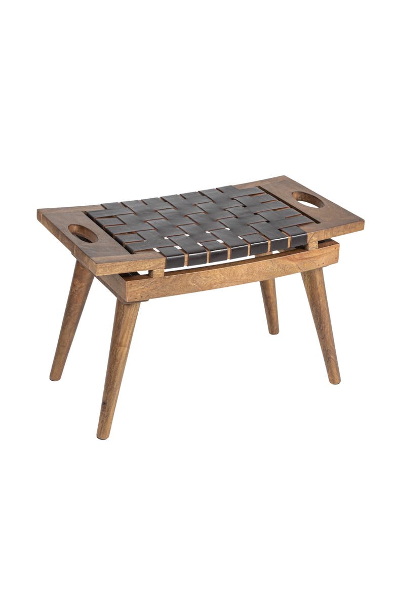 Mango Wood Stool with Woven Leather Top, Black and Natural, Main, color, Black