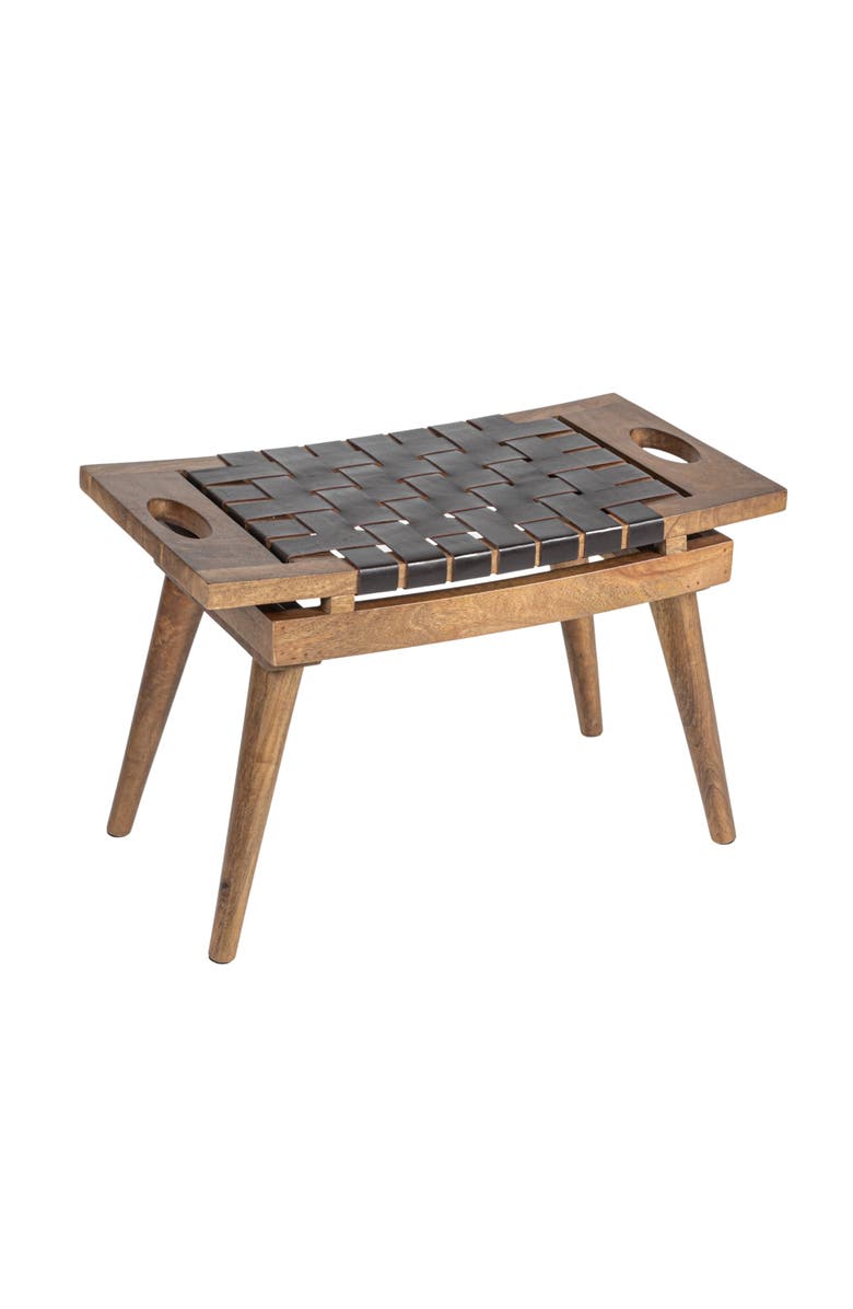 Storied Home Mango Wood Stool with Woven Leather Top, Black and Natural, Main, color,